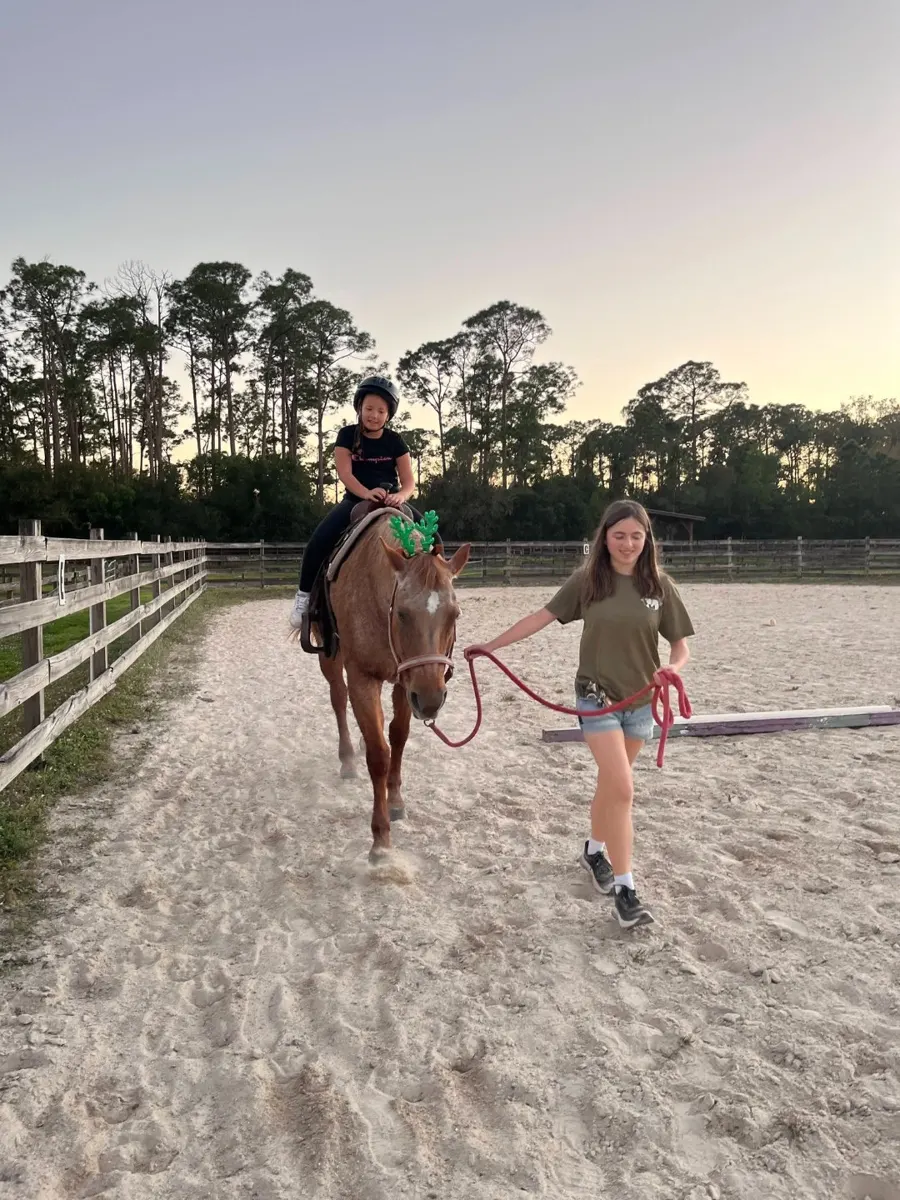 A girl leading a horse