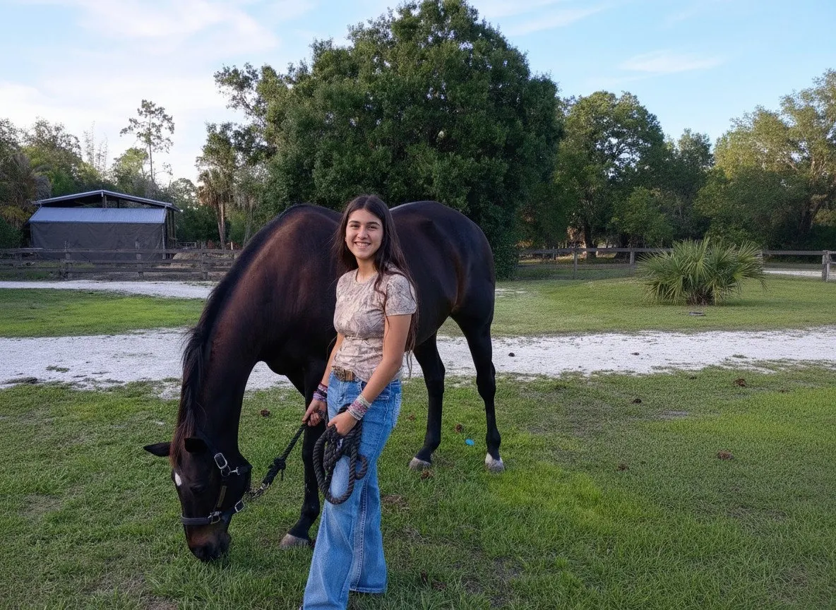 A teen with a black horse