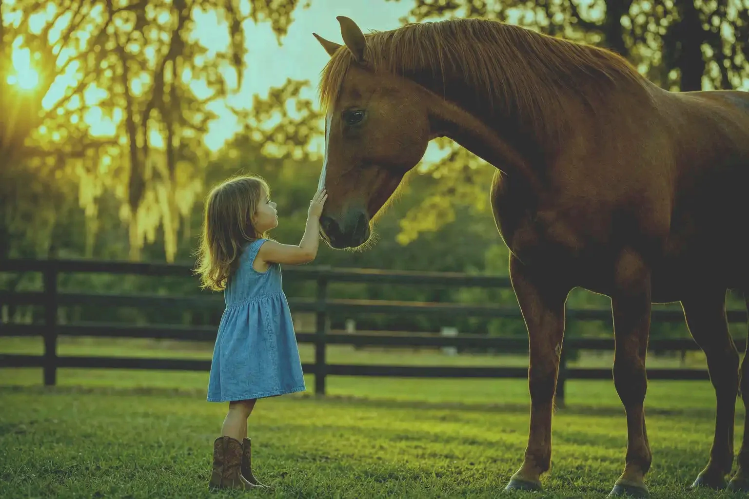 A child and a horse sharing a quiet moment at the farm